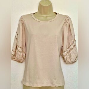 Ann Taylor Elegant Cream Beige Crew Neck Puff Sleeve Embroidered Top Size S